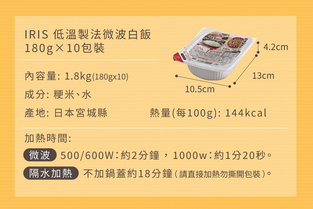 IRIS 低溫製法微波白飯180gX10包裝內容量:1.8kg(180gx10)4.2cm13cm10.5cm成分:粳米、水產地:日本宮城縣熱量(每100g):144kcal加熱時間:微波 500/600W:約2分鐘,1000w:約1分20秒。隔水加熱不加鍋蓋約18分鐘(請直接加熱勿撕開包裝)。