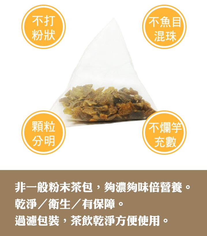 不打粉狀不魚目混珠顆粒不爛分明充數非一般粉末茶包,夠濃夠味倍營養。乾淨/衛生/有保障。過濾包裝,茶飲乾淨方便使用。