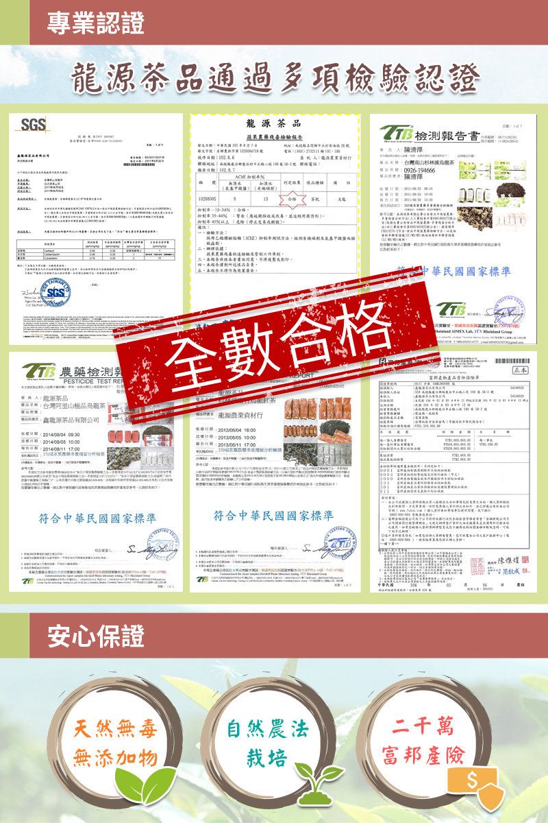 專業認證茶通過項認證SGS藥檢PESTICIDE TEST RE茶阿里山極烏龍茶鑫龍源茶品有限公司214//2014/0/05 10002014/08/11 100龍源茶品蔬果農藥殘檢驗 檢測87收件地址品資材地址號 聯絡報 結果品  0應期採收改善並45%採用乙醯(測試方測蔬果農快速檢驗管工作準則報告不得複製或影印報告所這「五。報告不得作為杉林溪茶0926-194666品陳清:全數合格中國家標準  ,   富邦產物產品責任樣品:龍源資材行:灣台(法華民國:2013/06/04 16:00:2013/06/05 10:00書告日期:2013/06/11 301符合中華民國國家標準符合中華民國國家標準) 安心保證天然無毒自然農法無添加物栽培二千萬富邦產險正本