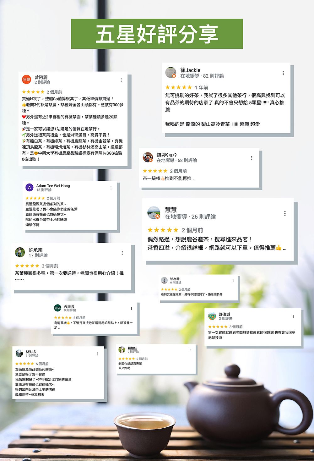 五星好評分享【阿曾阿麗2則評論 2月買過N次了整體值算很高了高低單價都買過!3代都茶農,茶種齊全各山頭都有。應該有300多種。另外還有近2甲自種的茶園,茶葉種類多達20餘種。是一家可以讓您1站購的優質在地茶行。另外送禮茶葉禮盒,也是淋瑯滿目,高貴不貴!有機白茶,有機綠茶,有機烏龍茶,有機金茶,有機凍頂烏龍茶,有機輕烘焙茶,有機杉林溪高山茶,通通都有,是 中興大學有機農產驗證標章有保障 SGS檢驗0檢出!徐Jackie在地嚮導 則評論無可挑剔的好茶,我試了很多其他茶行,很高興找到可以有品茶的期待的店家了真的不會只想給5!!!!!!真心推薦我喝的是 的梨山高冷青茶!!!!!超讚 超愛詩婷在地嚮導,58則評論 2月茶一級棒 推到不能再推AAdam Tee Wei Hong13則評論 2個月前買過龍源茶品個系列的茶~主要是喝了不會痛你們家的茶葉鑫龍源有機茶也買過次~喝的出來台灣茶土地的味道繼續保持許承宗17 則評論 3個月前茶葉種類很多種,第一次要送禮,老闆也很用心介紹!推 黃珊淇8則評論*****2個月前烏龍茶讚,不管是直接泡茶還是用於甜點上,都茶香十足林財金1則評論***** 5個月前買邊龍源茶品個系列的茶~主要是喝了胃不會痛我媽媽80幾了~非得指定你們家的茶葉鑫能源有機茶也買過幾次~柏任9則評論***** 2個月前老闆認真專業茶又好喝喝的出來台灣茶土地的味道繼續保持莫忘初衷慧慧在地嚮導則評論***** 2個月前偶然路過,想說鹿谷產茶,搜尋進來品茗!茶香四溢,介紹很詳細,網路就可以下單,值得推薦涂為勝6則評論***** 2個月前看到艾嘉在推薦,覺得不錯就買了,優惠滿多的許浚誠3則評論***** 3個月前第一次買茶就遇到老闆熱情推薦真的很 也教會我很多泡茶技術