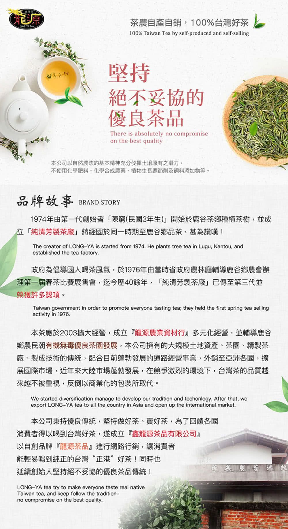 龍源  茶農自產自銷,100%台灣好茶100% Taiwan Tea by self-produced and self-selling堅持絕不妥協的優良茶品There is absolutely no compromiseon the best quality本公司以自然農法的基本精神充分發揮土壤原有之潛力,不使用化學肥料化學合成農藥、植物生長調節劑及飼料添加物等。品牌故事BRAND STORY1974年由第一代創始者「陳窮(民國3年生)開始於鹿谷茶鄉種植茶樹,並成立「純清芳製茶廠」蔣經國於同一時期至鹿谷鄉品茶,甚為讚嘆!The creator of LONG-YA is started from 1974 He plants tree tea in Lugu, Nantou, andestablished the tea factory.政府為倡導國人喝茶風氣,於1976年由當時省政府農林廳輔導鹿谷鄉農會辦理第一屆春茶比賽展售會,迄今歷40餘年,「純清芳製茶廠」已傳至第三代並榮獲許多獎項。Taiwan government in order to promote everyone tasting tea; they held the first spring tea sellingactivity in 1976.本茶廠於2003擴大經營,成立『龍源農業資材行』多元化經營,並輔導鹿谷鄉農民朝有機無毒優良茶園發展,本公司擁有的大規模土地資產、茶園、精製茶廠、製成技術的傳統,配合目前蓬勃發展的通路經營事業,外銷至亞洲各國,擴展國際市場,近年來大陸市場蓬勃發展,在競爭激烈的環境下,台灣茶的品質越來越不被重視,反倒以商業化的包裝所取代。We started diversification manage to develop our tradition and techonlogy. After that, weexport LONG-YA tea to all the country in Asia and open up the international market.本公司秉持優良傳統,堅持做好茶、賣好茶,為了回饋各國消費者得以喝到台灣好茶,遂成立『鑫龍源茶品有限公司』以自創品牌『龍源茶品』進行網路行銷,讓消費者能輕易喝到純正的台灣“正港”好茶!同時也延續創始人堅持絕不妥協的優良茶品傳統!LONG-YA tea try to make everyone taste real nativeTaiwan tea, and keep follow the tradition-no compromise on the best quality.所茶製芳清纯