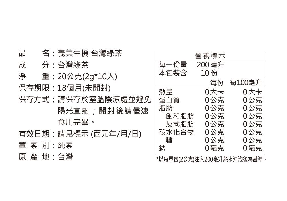 名:義美生機 台灣綠茶 分:台灣綠茶淨 重:20公克(2g*10)每一份量本包裝含營養標示200 毫升10 每份每100毫升保存期限:18個月(未開封)熱量0大卡0大卡保存方式:請保存於室溫陰涼處並避免陽光直射;開封後請儘速食用完畢。蛋白質0公克0公克脂肪0公克0公克飽和脂肪0公克0公克反式脂肪0公克0公克有效日期:請見標示(西元年/月/日)葷素別:純素原產地:台灣碳水化合物0公克0公克糖0公克0公克鈉0毫克0毫克*以每單包(2公克)注入200毫升熱水沖泡後為基準。