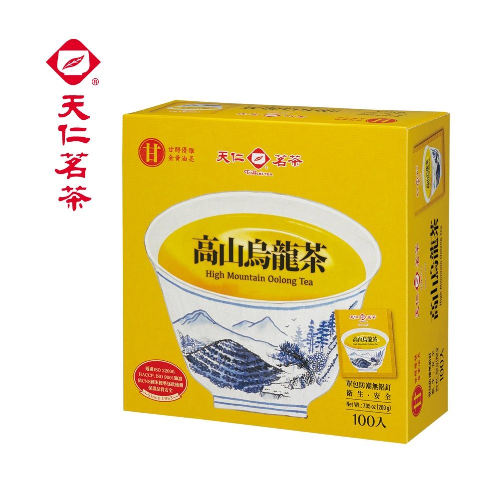 甘甘醇優雅金黃油亮天仁茗茶 高山烏龍茶High Mountain Oolong Tea高山烏龍茶通過ISO 22000HACCP ISO 9001CNS國家標準检测保證品質安全  單包防潮衛生安全Net    (200 g)100天仁 100烏龍茶