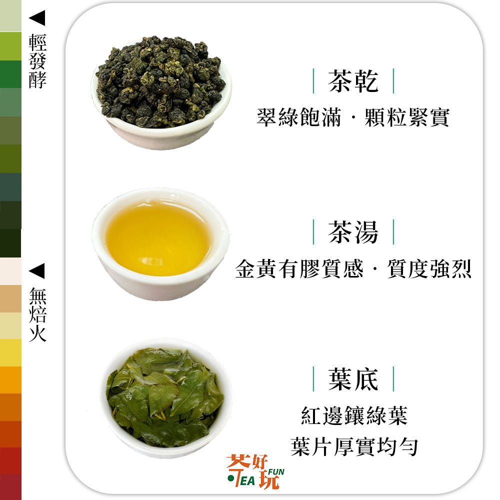 茶乾 翠綠飽滿顆粒緊實茶湯 |金黃有膠質感·質度強烈好FUNTEAC|葉底|紅邊鑲綠葉葉片厚實均勻