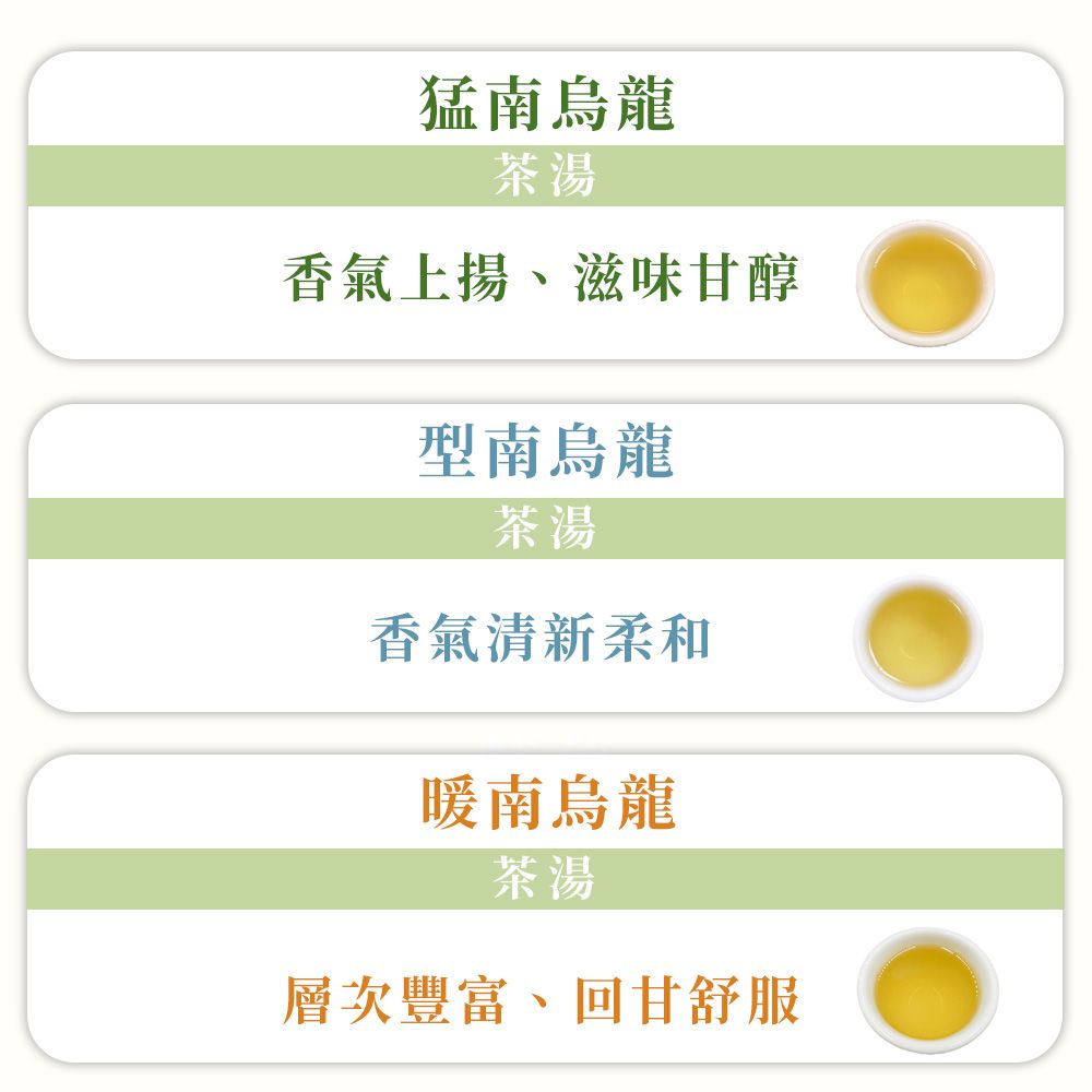 猛南烏龍茶湯香氣上揚、滋味甘醇型南烏龍茶湯香氣清新柔和暖南烏龍茶湯層次豐富、回甘舒服