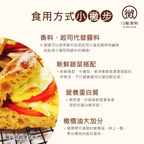 食用方式小撇步香料起司代替醬料 建議可以使用香料或是起司片增加風味和鹹味就能減少攝取到額外的糖哦!新鮮蔬菜搭配(|澱|粉 Mini Carb 新鮮萵苣、牛番茄、紫洋蔥都是漢堡搭配的好幫手不只營養還可以增加飽足感。圖片為調理參考營養蛋白質 嫩煎蛋、炒菇菇都是素食者很好的蛋白質來源。橄欖油大加分 選擇標示清楚的橄欖油,淋上一點,帶出獨有的義式風味。