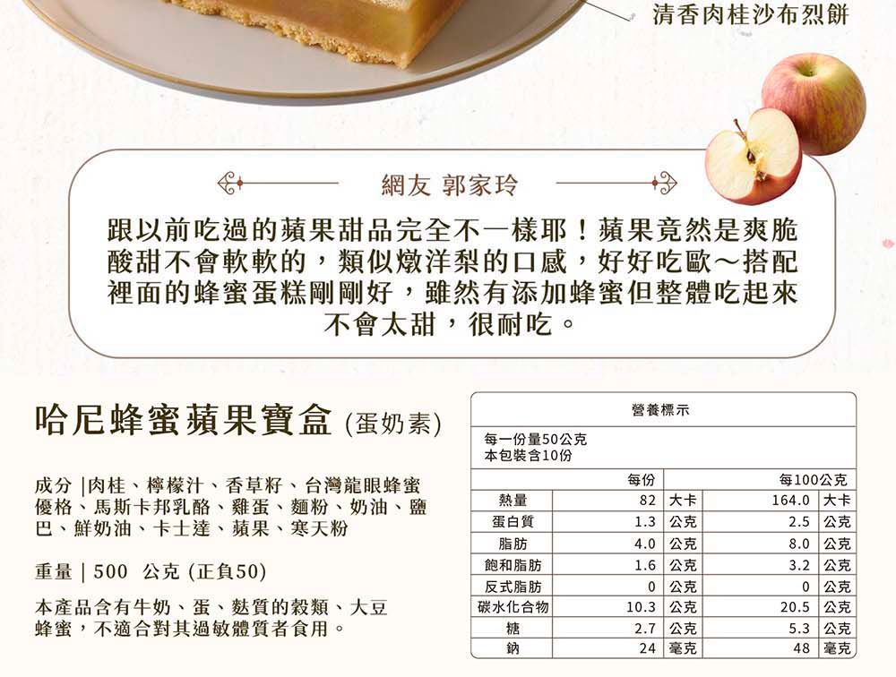 清香肉桂沙布烈餅網友 郭家玲跟以前吃過的蘋果甜品完全不一樣耶!蘋果竟然是爽脆酸甜不會軟軟的,類似燉洋梨的口感,好好吃歐搭配裡面的蜂蜜蛋糕剛剛好,雖然有添加蜂蜜但整體吃起來不會太甜,很耐吃。哈尼蜂蜜蘋果寶盒(蛋奶素)營養標示每一份量50公克本包裝含10份成分 肉桂、檸檬汁、香草籽、台灣龍眼蜂蜜優格、馬斯卡邦乳酪、雞蛋、麵粉、奶油、鹽巴、鮮奶油、卡士達、蘋果、寒天粉每份每100公克熱量蛋白質82 大卡164.0 大卡1.3 公克2.5 公克脂肪4.0 公克8.0 公克重量 | 500 公克(正負50)飽和脂肪1.6 公克3.2 公克反式脂肪0 公克 公克本產品含有牛奶、蛋、質的、大豆蜂蜜,不適合其過敏體質者食用。碳水化合物10.3 公克糖2.7公克20.5 公克5.3 公克鈉24 毫克48 毫克