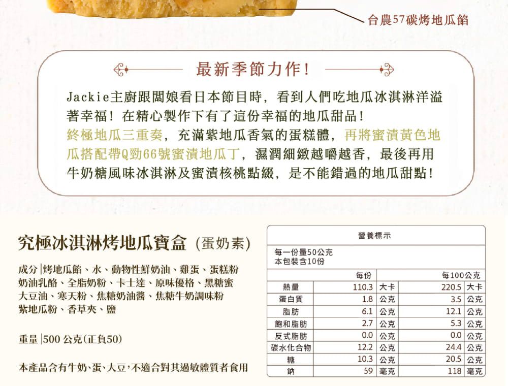 農57碳烤地瓜最新季節力作!Jackie主廚跟闆娘看日本節目時,看到人們吃地瓜冰淇淋洋溢著幸福!在精心製作下有了這份幸福的地瓜甜品!終極地瓜三重奏,充滿紫地瓜香氣的蛋糕體,再將地瓜搭配Q勁66號蜜漬地瓜丁,濕潤細緻越嚼越香,最後再用牛奶糖風味冰淇淋及蜜漬核桃點綴,是不能錯過的地瓜甜點!究極冰淇淋烤地瓜寶盒(蛋奶素)成分 烤地瓜水動物性鮮奶油雞蛋、蛋糕粉奶油乳酪、全脂奶粉、卡士達、原味優格、黑糖蜜大豆油、寒天粉、焦糖奶油、焦糖牛奶調味粉紫地瓜粉、香草夾、鹽每一份量50公克本包裝含10份營養標示每份每100公克熱量蛋白質脂肪110.3 大卡1.8公克220.5 大卡3.5 公克6.1 公克12.1 公克飽和脂肪2.7 公克5.3 公克反式脂肪0.0 公克0.0 公克重量 500公克(正負50)碳水化合物12.2 公克24.4 公克糖10.3 公克20.5 公克本產品含有牛奶、蛋、大豆,不適合其過敏體質者食用鈉59 毫克118 毫克