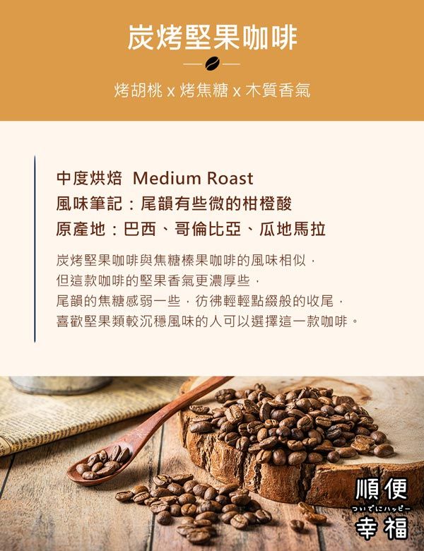 炭烤堅果咖啡烤胡桃烤焦糖x木質香氣中度烘焙 Medium Roast風味筆記尾韻有些微的柑橙酸原產地:巴西、哥倫比亞、瓜地馬拉炭烤堅果咖啡與焦糖榛果咖啡的風味相似但這款咖啡的堅果香氣更濃厚些,尾韻的焦糖感弱一些,彷彿輕輕點綴般的收尾,喜歡堅果類較沉穩風味的人可以選擇這一款咖啡。順便ハッピー幸福