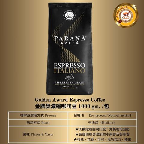 [義大利PARANA]精品咖啡新鮮烘焙 金牌獎濃縮咖啡豆 1公斤袋裝