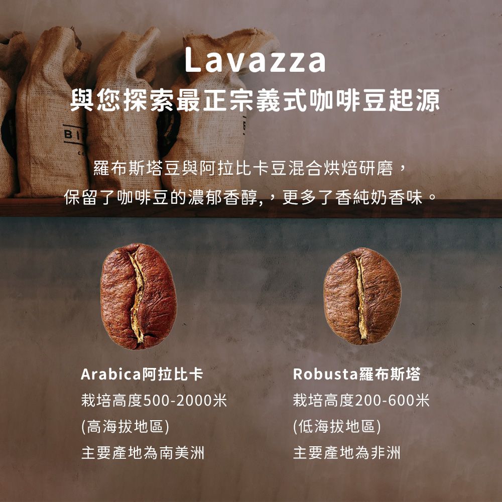 Lavazza與您探索最正宗義式咖啡豆起源羅布斯塔豆與阿拉比卡豆混合烘焙研磨,保留了咖啡豆的濃郁香醇更多了香純奶香味。Arabica阿拉比卡栽培高度500-2000米(高海拔地區)主要產地為南美洲Robusta羅布斯塔栽培高度200-600米(低海拔地區)主要產地為非洲