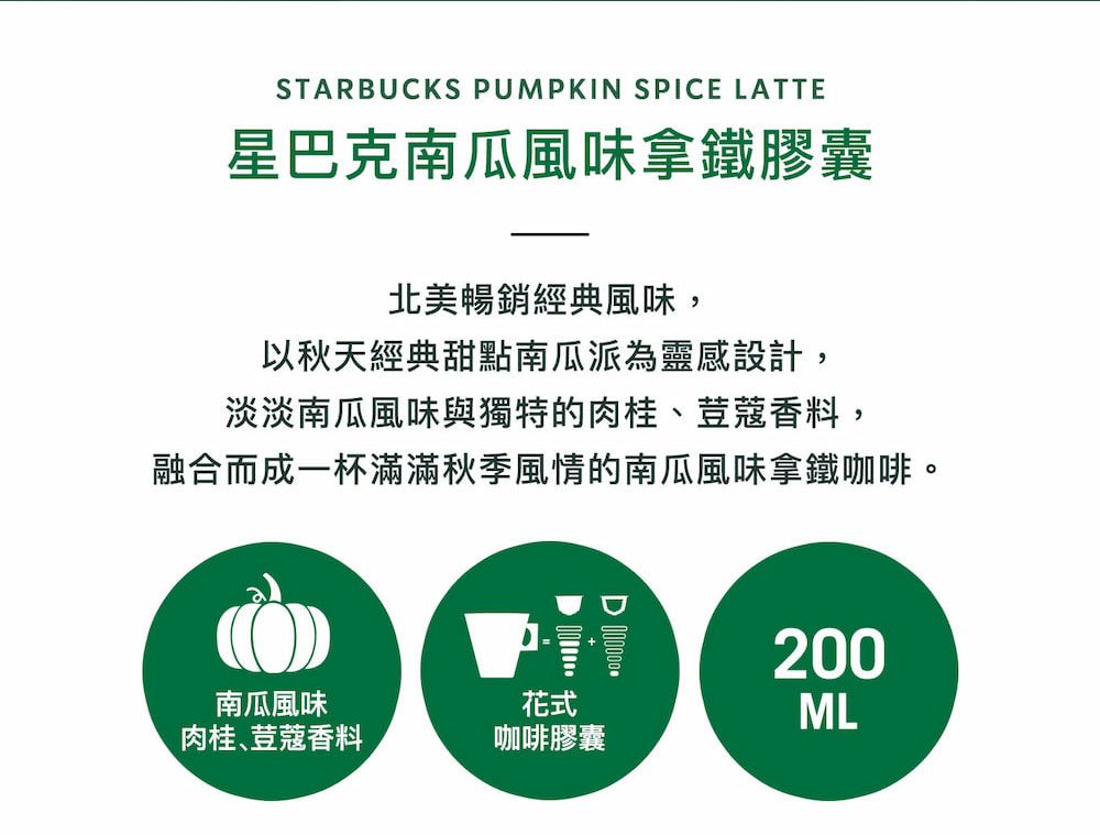 STARBUCKS PUMPKIN SPICE LATTE星巴克南瓜風味拿鐵膠囊北美暢銷經典風味,以秋天經典甜點南瓜派為靈感設計,淡淡南瓜風味與獨特的肉桂荳蔻香料,融合而成一杯滿滿秋季風情的南瓜風味拿鐵咖啡。南瓜風味肉桂、荳蔻香料花式咖啡膠囊200ML
