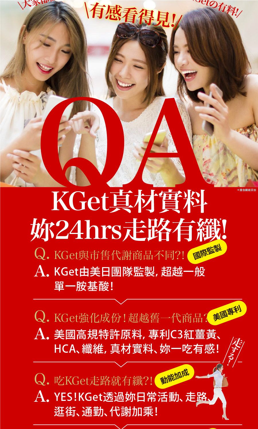 \有感看得見!!/KGet真材實料妳24hrs路有纖!Q. KGet與市售代謝商品不同!國際監製A. KGet由美日團隊監製超越一般單一胺基酸!Q. KGet強化成份!超越舊一代商品,A. 美國高規特許原料,專利C3紅薑黃HCA纖維,真材實料、一吃有感!Q. 吃KGet走路就有纖?!動能加成A. YES!KGet透過妳日常活動、走路、逛街、通勤、代謝加乘!走!*膳食纖維添加