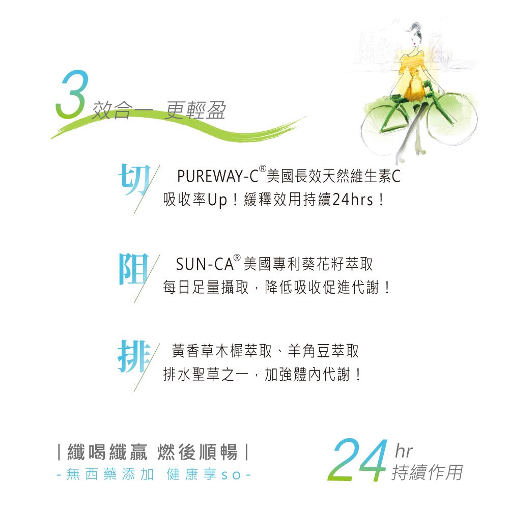 合更輕盈PUREWAY-美國長效天然維生素C吸收率Up!緩釋效用24hrs!阻®SUN-CA 美國專利葵花籽萃取每日足量攝取,降低吸收促進代謝!黃香草木樨萃取、羊角豆萃取排水聖草之一,加強體內代謝!「纖喝纖 燃後順暢- 無西藥添加 健康 24持續作用