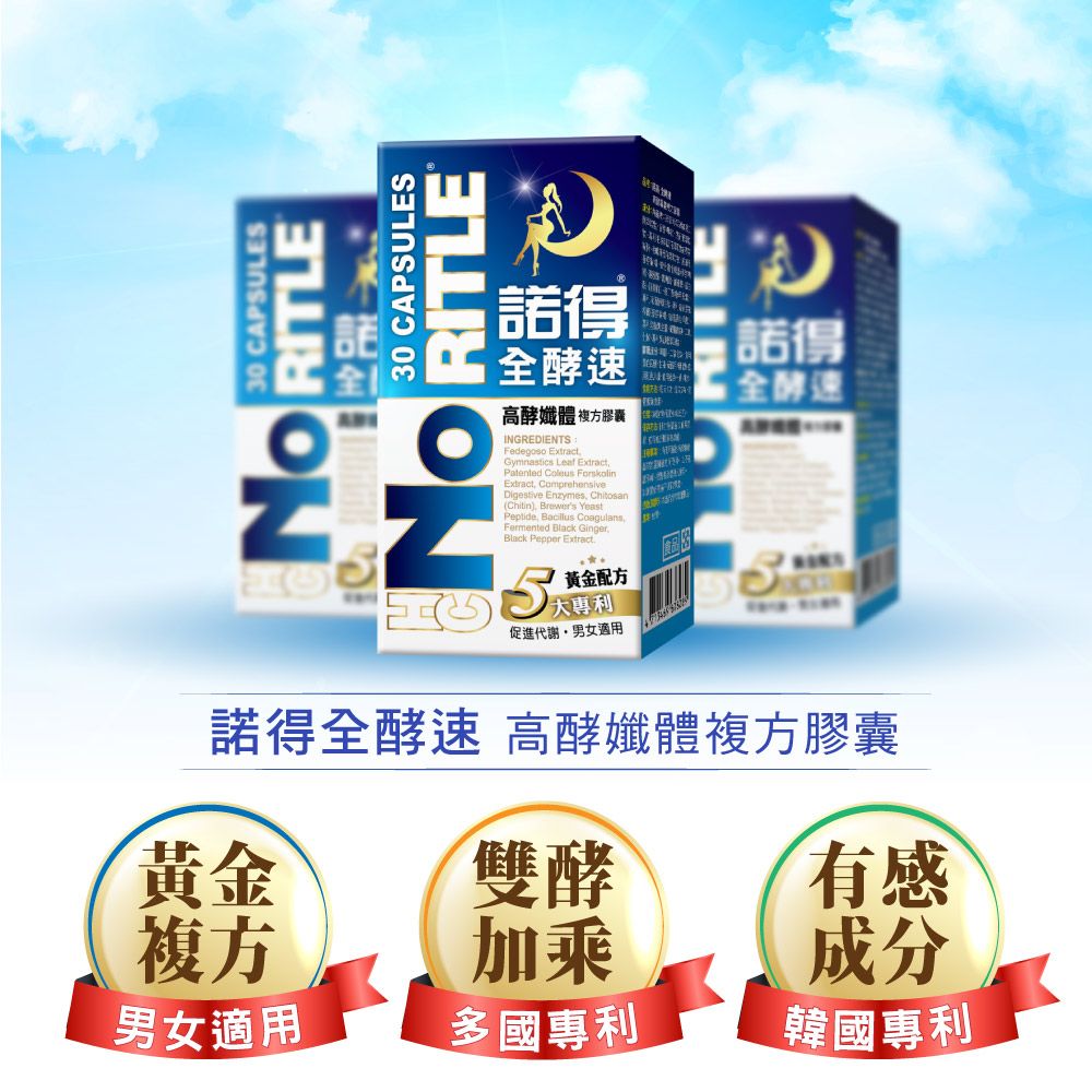 30 CAPSULES30 CAPSULES RITLE RITLE諾得全高酵孅體 複方膠囊GREIENTSFedegoso ExtractGymnastics Leaf ExtractPatented Coleus ForskolinExtract ComprehensiveDigestive Enzymes (Chitin) Brewers YeastPeptide  CoagulansFermented Black GingerBlack Pepper Extract黃金配方大專利促進代謝,男女適用IND諾得全酵速諾得全酵速 高酵孅體複方膠囊黃金雙酵有感複方加乘男女適用多國專利成分韓國專利