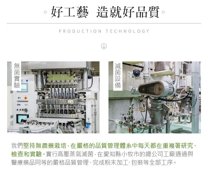 好工藝 造就好品質。PRODUCTION TECHNOLOGY我們堅持無農藥栽培,在嚴格的品質管理體系中每天都在重複著研究、檢查和實驗。實行高壓蒸氣滅菌,在愛知縣小牧市的總公司工廠通過與醫療藥品同等的嚴格品質管理、完成粉末加工、包裝等全部工序。