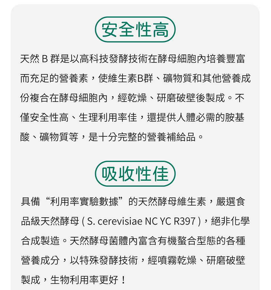 安全性高天然B群是以高科技發酵技術在酵母細胞內培養豐富而充足的營養素,使維生素B群、礦物質和其他營養成份複合在酵母細胞內,經乾燥、研磨破壁後製成。不僅安全性高、生理利用率佳,還提供人體必需的酸、礦物質等,是十分完整的營養補給品。吸收性佳具備“利用率實驗數據”的天然酵母維生素,嚴選食品級天然酵母 ( S. cerevisiae NC YC R397 ),絕非化學合成製造。天然酵母菌富含有機螯合型態的各種營養成分,以特殊發酵技術,經噴霧乾燥、研磨破壁製成,生物利用率更好!