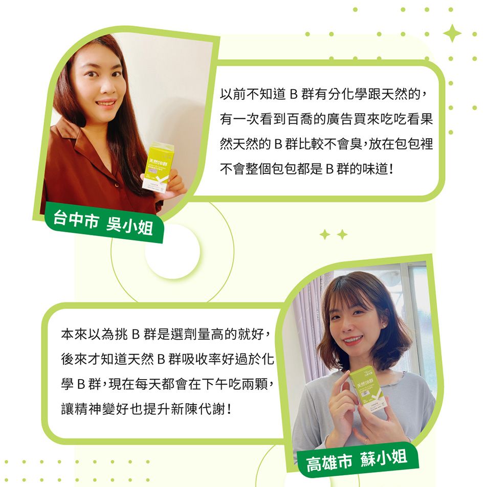 天然台中市 吳小姐以前不知道群有分化學跟天然的,有一次看到百喬的廣告買來吃吃看果然天然的B群比較不會臭,放在包包裡不會整個包包都是B群的味道!本來以為挑 B群是選劑量高的就好,後來才知道天然B群吸收率好過於化學B群,現在每天都會在下午吃兩顆,讓精神變好也提升新陳代謝!天然B群高雄市 蘇小姐