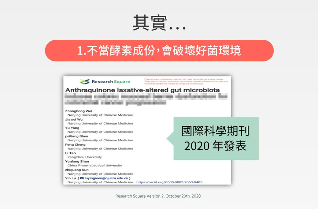 其實..1.不當酵素成份會破壞好菌環境Research Squ are  repts that have not undergone    not be   used to inform  practice,or  by the media as validated Anthraquinone laxative-altered gut microbiotaZhonghong Nanjing University of Chinese Medicine WuNanjing University of Chinese Medicine.Yu YangNanjing University of Chinese Medicine ShenNanjing University of Chinese MedicinePeng ChengNanjing University of Chinese Medicine Yangzhou UniversityYunlong ShanChina Pharmaceutical Universityzhiguang Sun國際科學期刊2020年發表Nanjing University of Chinese MedicineYin Lu (luyingreen@njucm.edu.cn)Nanjing University of Chinese Medicine https://orcid.org/0000-0003-2063-8485Research Square Version 2. October 20th, 2020