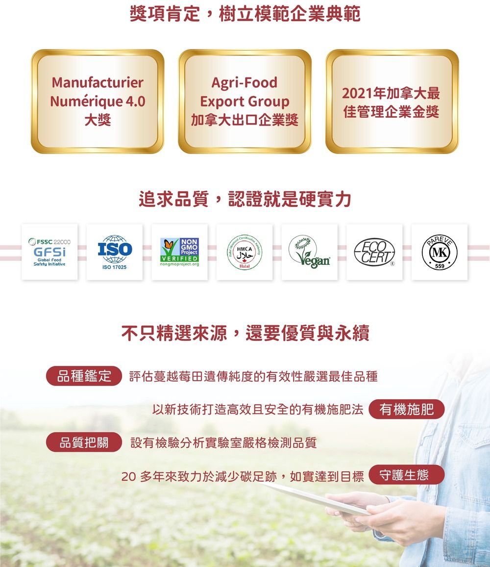 獎項肯定,樹立模範企業典範ManufacturierNumérique 4.0Agri-FoodExport Group大獎2021年加拿大最佳管理企業金獎加拿大出口企業獎追求品質,認證就是硬實力FSSC 22000 FoodISONONGMOHMCAProjectVERIFIEDحلالSafety InitiativeISO 17025nongmoproject.orgECOHalalVeganCERTMK559不只精選來源,還要優質與永續品種鑑定評估蔓越莓遺傳純度的有效性嚴選最佳品種以新技術打造高效且安全的有機施肥法 有機施肥品質把關設有檢驗分析實驗室嚴格檢測品質20多年來致力於減少碳足跡,如實達到目標 守護生態