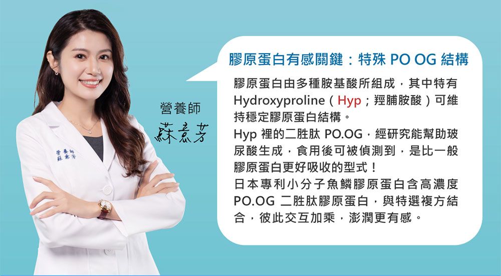 營養師意營養師膠原蛋白有感關鍵:特殊PO OG 結構膠原蛋白由多種胺基酸所組成其中特有Hydroxyproline (Hyp;羥脯胺酸)可維持穩定膠原蛋白結構。Hyp 的二胜肽 PO.OG經研究能幫助玻尿酸生成,食用後可被偵測到,是比一般膠原蛋白更好吸收的型式!日本專利小分子魚鱗膠原蛋白含高濃度PO.OG 二胜肽膠原蛋白,與特選複方結合,彼此交互加乘,澎潤更有感。