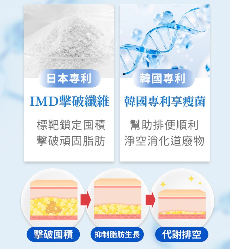 日本專利IMD擊破纖維韓國專利韓國專利享瘦菌標靶鎖定囤積擊破頑固脂肪幫助排便順利淨空消化道廢物擊破囤積 抑制脂肪生長 代謝排空