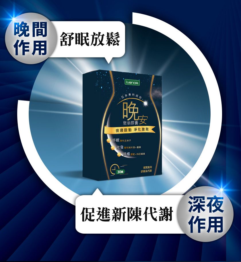 晚間舒眠放鬆作用日本晚安塑崩膠囊夜 淨化激舒眠 五味子激發利木+順暢 標+IMD夜間30舒眠&代促進新陳代謝深夜作用