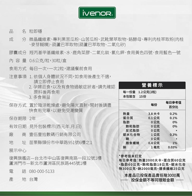 名 粒即穩品 微晶纖維素、專利黑苦瓜粉、山苦瓜粉、武靴葉萃取物、酵母、專利肉桂萃取粉(肉桂、麥芽糊精、葫蘆巴萃取物(葫蘆巴萃取物、二氧化矽)膠囊成分 羥丙基甲基纖維素、水、鹿角菜膠、二氧化鈦、氯化鉀、食用黃色四號、食用藍色一號內容量 0.6公克/粒,30粒/盒食用方式 每日一次,一次2粒,建議餐前食用注意事項 1. 依個人身體狀況不同,如食用後產生不適,請立即停止食用2. 孕婦忌食,以及有食物過敏症狀者,請先確認原料後再食用營養標示3. 多食無益每一份量1.2公克(2粒)本包裝含15份每日參考值保存方式 置於陰涼乾燥處,避免陽光直射,開封後請快食用完畢,以避免受潮變質每份百分比熱量3.8大卡0.2%保存期限 2年蛋白質0.1公克0.1%脂肪0公克0%有效日期 見外包裝標示(西元年月日)飽和脂肪0公克0%反式脂肪0公克廠商 壹伍壹拾數碼行銷有限公司碳水化合物1公克0.3%糖0公克地址 苗栗縣頭份市中華路951號6樓之1膳食纖維鈉0.4公克1%1毫克0.03%展示中心復興旗艦店台北市中山區復興南路一段32號1樓蘆洲門市新北市蘆洲區民族路445號1樓電話 080-000-5133產台灣地*參考值未訂定每日參考值:熱量2000大卡、蛋白質60公克、脂肪60公克、飽和脂肪18公克、碳水化合物300公克、鈉2000毫克、膳食纖維25公克本產品已投保產品責任險3000萬投保金額不等同理賠金額