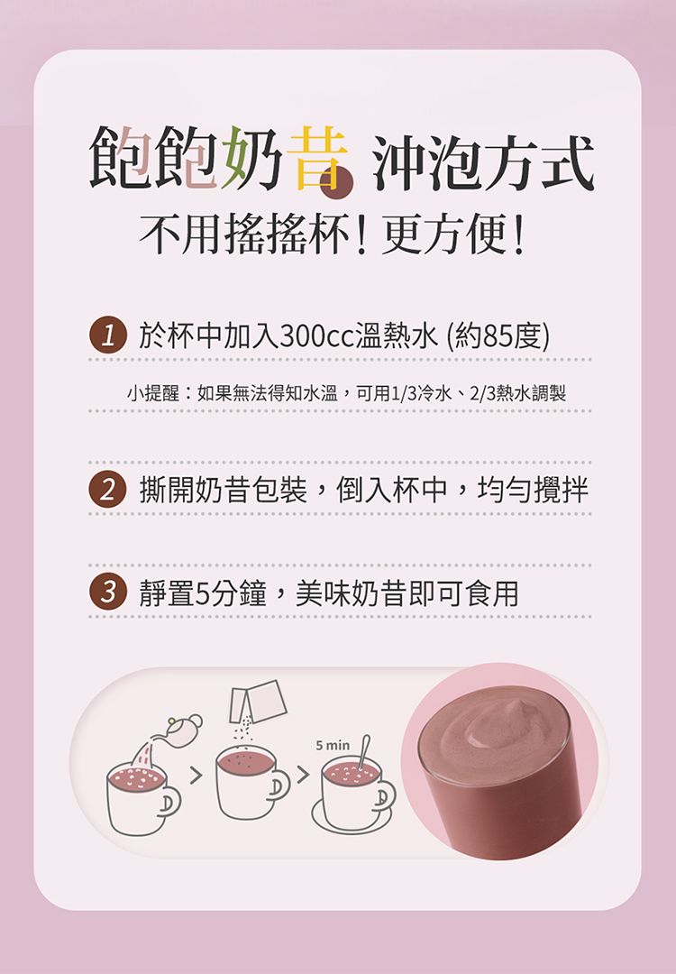 飽飽奶 沖泡方式不用搖搖杯!更方便! 於杯中加入00cc溫熱水 (約85度)小提醒:如果無法得知水溫,可用1/3冷水、2/3熱水調製 撕開奶昔包裝,倒入杯中,均勻攪拌3 靜置5分鐘,美味奶昔即可食用5 min