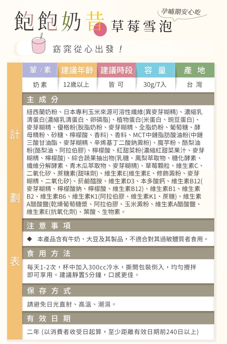 孕哺期安心吃飽飽奶草莓雪泡窈窕從心出發!奶素 12歲以上/素 建議年齡 建議時段皆可容量產地30g/7入台灣主成分紐西蘭奶粉、日本專利玉米來源可溶性纖維(異麥芽糊精)、濃縮乳清蛋白(濃縮乳清蛋白、卵磷脂)、植物蛋白(米蛋白、豌豆蛋白)、麥芽糊精、優格粉(脫脂奶粉、麥芽糊精、全脂奶粉、葡萄糖、酵 精粉、砂糖、檸檬酸、香料)、香料、MCT中鏈脂肪酸油粉(中鏈三酸甘油酯、麥芽糊精、辛烯基丁二酸鈉澱粉)、魔芋粉、酪梨油粉(酪梨油、阿拉伯膠)、檸檬酸、紅甜菜粉(濃縮紅甜菜果汁、麥芽糊精、檸檬酸)、綜合蔬果抽出物(乳糖、鳳梨萃取物、糖化酵素、纖維分解酵素、青木瓜萃取物、麥芽糊精)、草莓顆粒、維生素C、二氧化矽、蔗糖素(甜味劑)、維生素E(維生素E、修飾澱粉、麥芽糊精、二氧化矽)、菸鹼醯胺、維生素D3、本多酸鈣、維生素B12(麥芽糊精、檸檬酸鈉、檸檬酸、維生素B12)、維生素B1、維生素B2、維生素B6、維生素K1(阿拉伯膠、維生素K1、蔗糖)、維生素A醋酸鹽(乾燥葡萄糖漿、阿拉伯膠、玉米澱粉、維生素A醋酸鹽、維生素E(抗氧化劑)、葉酸、生物素。注意事項表本產品含有牛奶、大豆及其製品,不適合對其過敏體質者食用。食用方法每天1-2次,杯中加入300cc冷水,撕開包裝倒入,均勻攪拌即可享用。建議靜置5分鐘,口感更佳。保存方式請避免日光直射、高溫、潮濕。有效日期二年(以消費者收受日起算,至少距離有效日期前240日以上)
