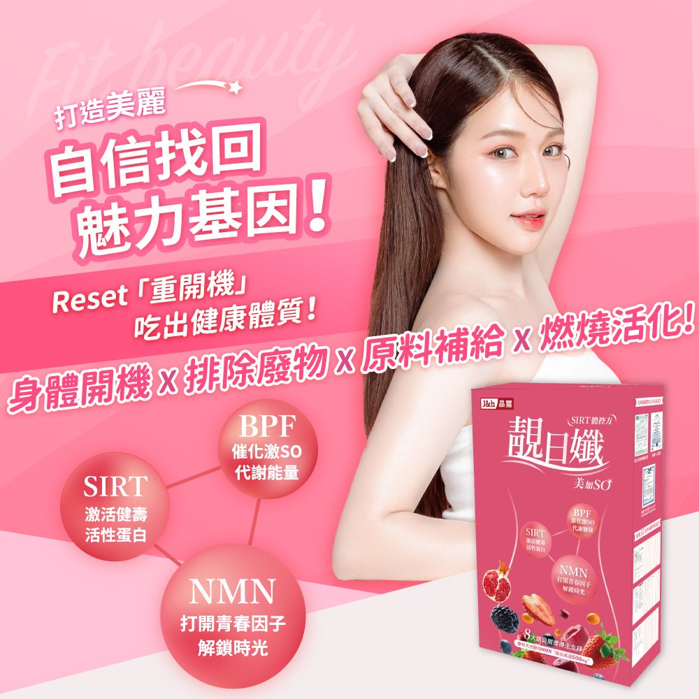 打造美麗自信找回魅力基因!Reset「重開機」吃出健康質!身體開機排除廢物原料補給燃燒活!&hBPFSIRT激活健壽活性蛋白SIRT美加BPF催化代謝能量SIRT體NMN打開青春解鎖時光NMN打開青春因子解鎖時光得主支持