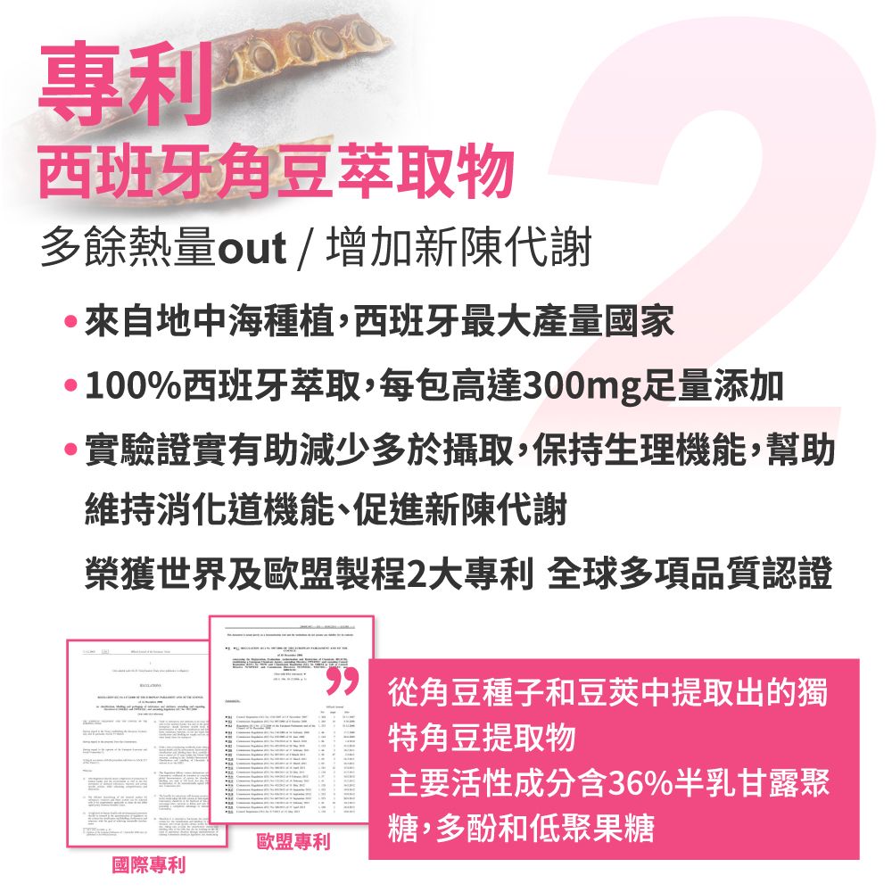 專利 西班牙豆萃取物多餘熱量out / 增加新陳代謝來自地中海種植,西班牙最大產量國家100%西班牙萃取,每包高達300mg足量添加實驗證實有助減少多於攝取,保持生理機能,幫助維持消化道機能、促進新陳代謝榮獲世界及歐盟製程2大專利 全球多項品質認證歐盟專利國際專利從角豆種子和豆莢中提取出的獨特角豆提取物主要活性成分含36%半乳甘露聚糖,多酚和低聚果糖