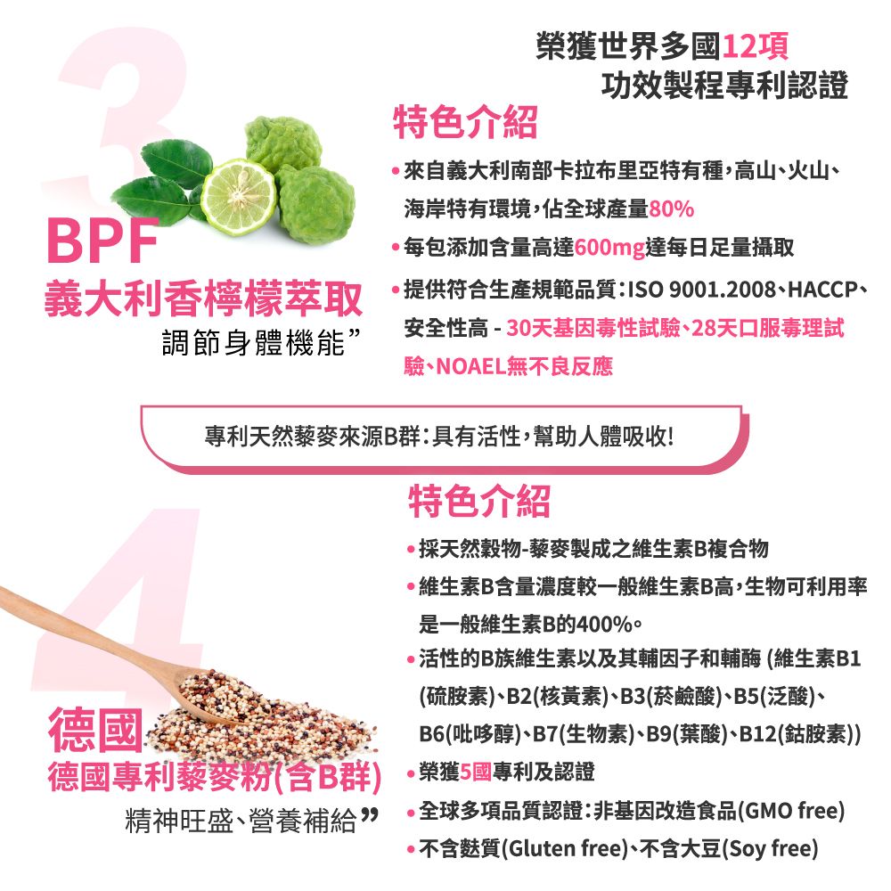 榮獲世界多國12項功效製程專利認證特色介紹來自義大利南部卡拉布里亞特有種高山火山海岸特有環境,佔全球產量80%BPF每包添加量高達600mg達每日足量攝取義大利香檸檬萃取 提供符合生產規範品質:ISO 9001.2008HACCP、調節身體機能安全性高-30天基因毒性試驗、28天口服毒理試驗、NOAEL無不良反應德國專利天然藜麥來源B:具有活性,幫助人體吸收!特色介紹·採天然穀物-藜麥製成之維生素B複合物維生素B含量濃度較一般維生素B高,生物可利用率是一般維生素B的400%活性的B族維生素以及其輔因子和輔酶(維生素B1(硫胺素、B2(核黃素)、B3(菸鹼酸)、B5(泛酸)、B6(吡哆醇)、B7(生物素)、B9(葉酸)、B12(鈷胺素))德國專利藜麥粉(含B群) 。榮獲5國專利及認證精神旺盛、營養補給”·全球多項品質認證:非基因改造食品(GMO free)不含麩質(Gluten free)、不含大豆(Soy free)