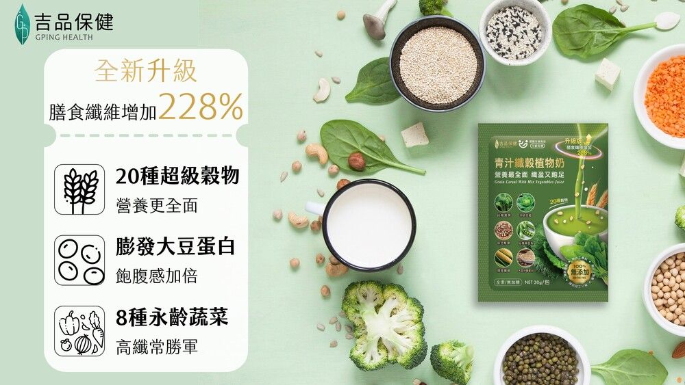 吉品保健GPING HEALTH全新升級膳食維增加228%種超級物青汁纖穀植物奶營養最全面 纖盈又足     J20營養更全面膨發大豆蛋白飽腹感加倍 8種永齡蔬菜高纖常勝軍全NET /包