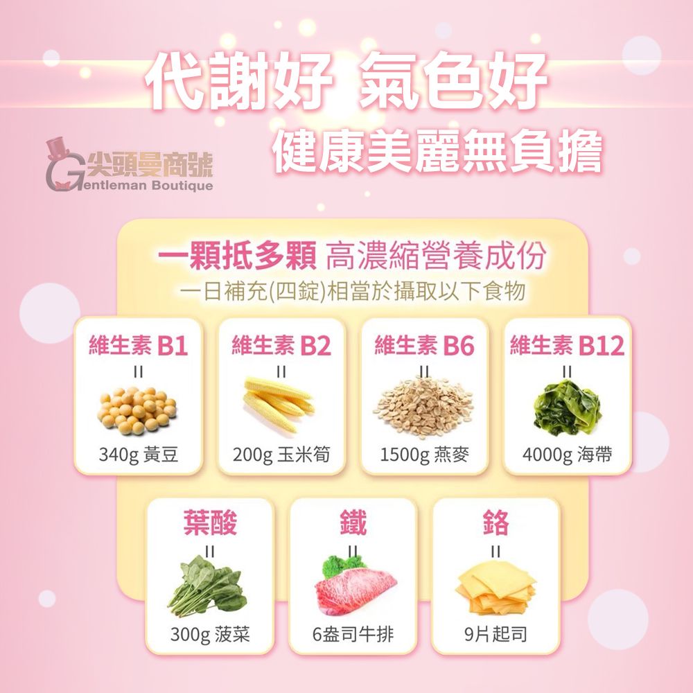 代謝好氣色好G尖頭曼商號entleman Boutique健康美麗無負擔一顆抵多顆 高濃縮營養成份一日補充(四錠)相當於攝取以下食物維生素B1 維生素B2 維生素B6維生素 B12340g 黃豆200g 玉米筍1500g 燕麥4000g 海帶葉酸鐵鉻300g 菠菜6盎司牛排9起司