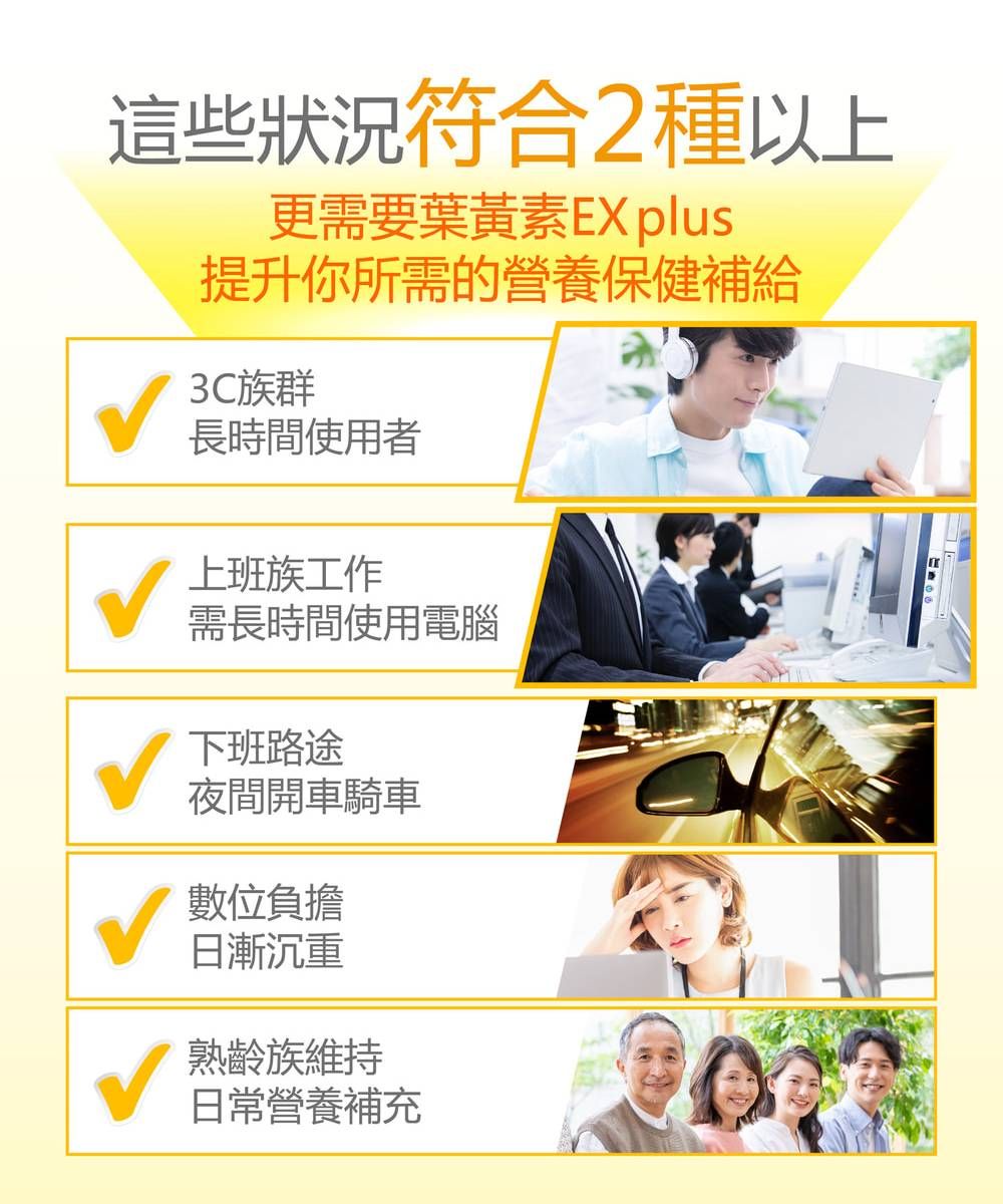 這些狀況符合2種以上更需要葉黃素 plus提升你所需的營養保健補給3C族群長時間使用者上班族工作需長時間使用電腦下班路途夜間開車騎車數位負擔日漸沉重熟齡族維持日常營養補充