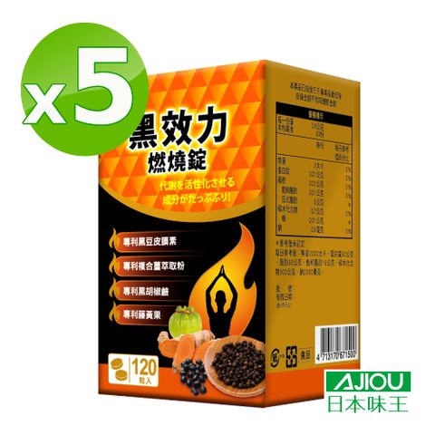 日本味王 黑效力燃燒錠120粒X5瓶(全素)(藤黃果 專利複合薑黃)