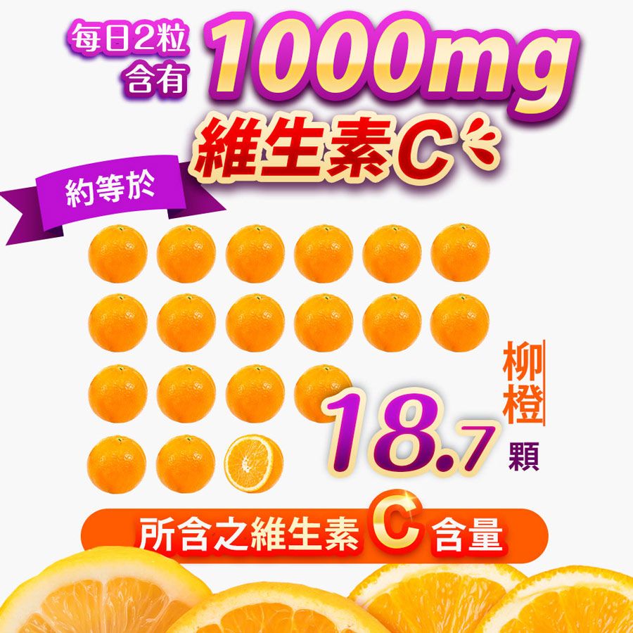 每日2粒 1000mg含有約等於維生素18.7所含之維生素含量顆