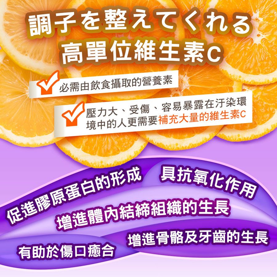 調子を整えてくれる高單位維生素C 必需由飲食攝取的營養素壓力大、受傷、容易暴露在汙染環境中的人更需要補充大量的維生素C促進膠原蛋白的形成具抗氧化作用增進體內結締組織的生長增進骨骼及牙齒的生長有助於傷口癒合