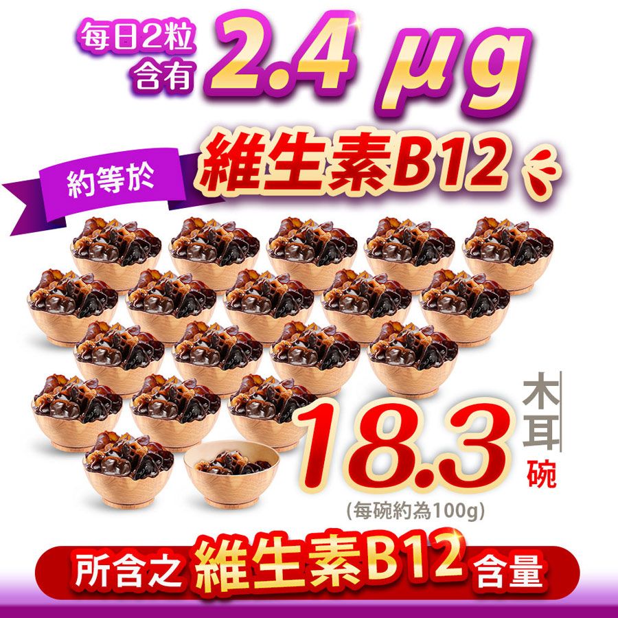 每日2粒含有約等於 維生素B12 18.3(每碗約為100g)耳碗所含之 維生素B12含量