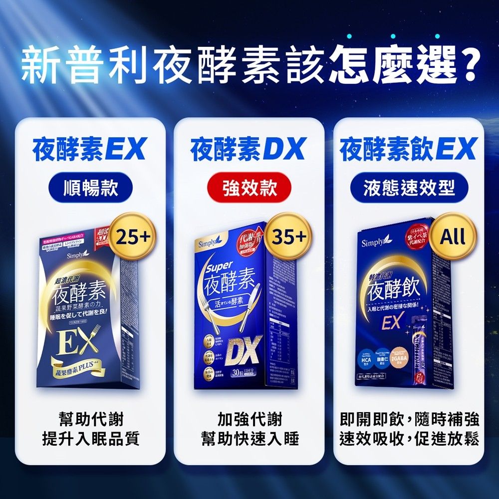 新普利夜酵素該怎麼選?夜酵素EX 夜酵素DX 夜酵素飲EX順暢款強效款液態速效型25+SimplySimplye入 35+超濃代謝Simply紫茶Super代配合All夜酵素野菜酵素の力を促して代謝を良!EX蔬果酵素 PLUS 夜酵素活酵素特代夜酵飲と代謝のな関係!EXDXHCAGABA幫助代謝提升入眠品質加強代謝幫助快速入睡即開即飲,隨時補強速效吸收,促進放鬆