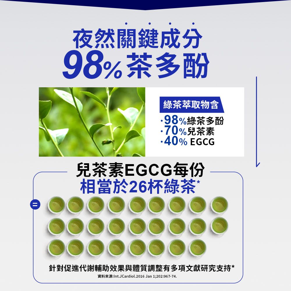 夜然關鍵成分98%茶多酚綠茶萃取物含98%綠茶多酚70%兒茶素% EGCG兒茶素EGCG每份相當於26杯綠茶針對促進代謝輔助效果與體質調整有多項文獻研究支持*資料來源:Int.JCardiol.2016 Jan 1;202:967-74.