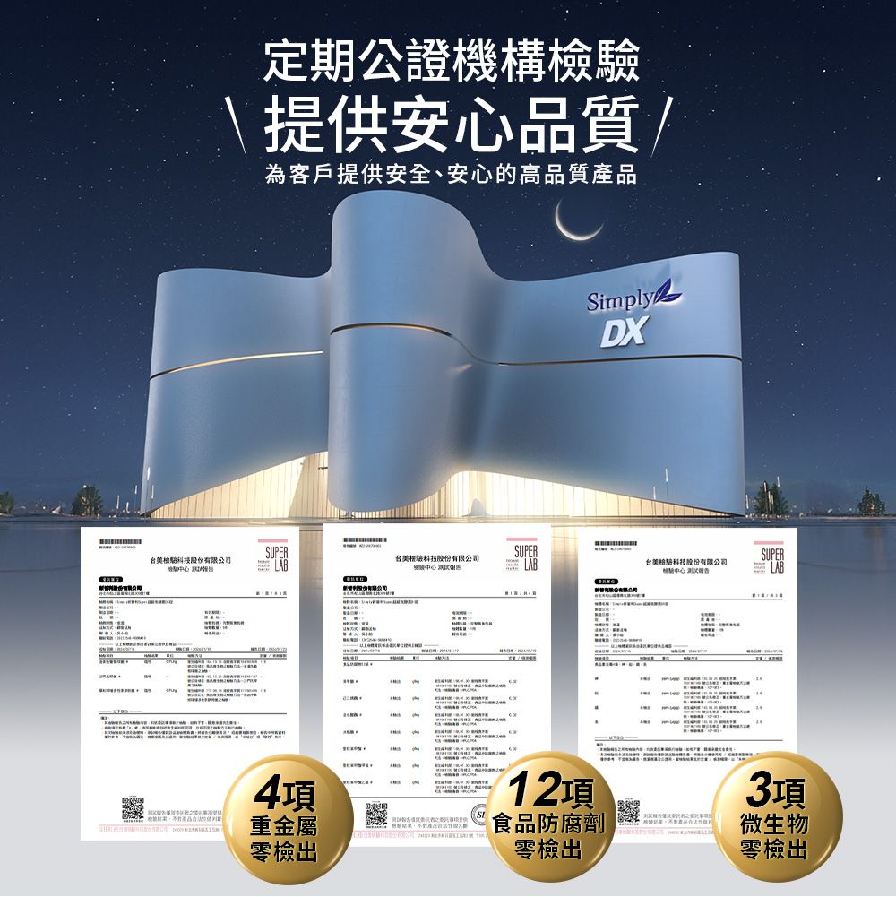 定期公證機構提供安心品質/為客戶提供安全、安心的高品質產品SimplyDXSUPERSUPER台美檢科技股份有限公司台美檢科技股份有限公司SUPER檢驗 LABLAB台美檢驗科技股份有限公司驗LAB4項重金屬零檢出12項食品防腐劑零檢出3項微生物零檢出