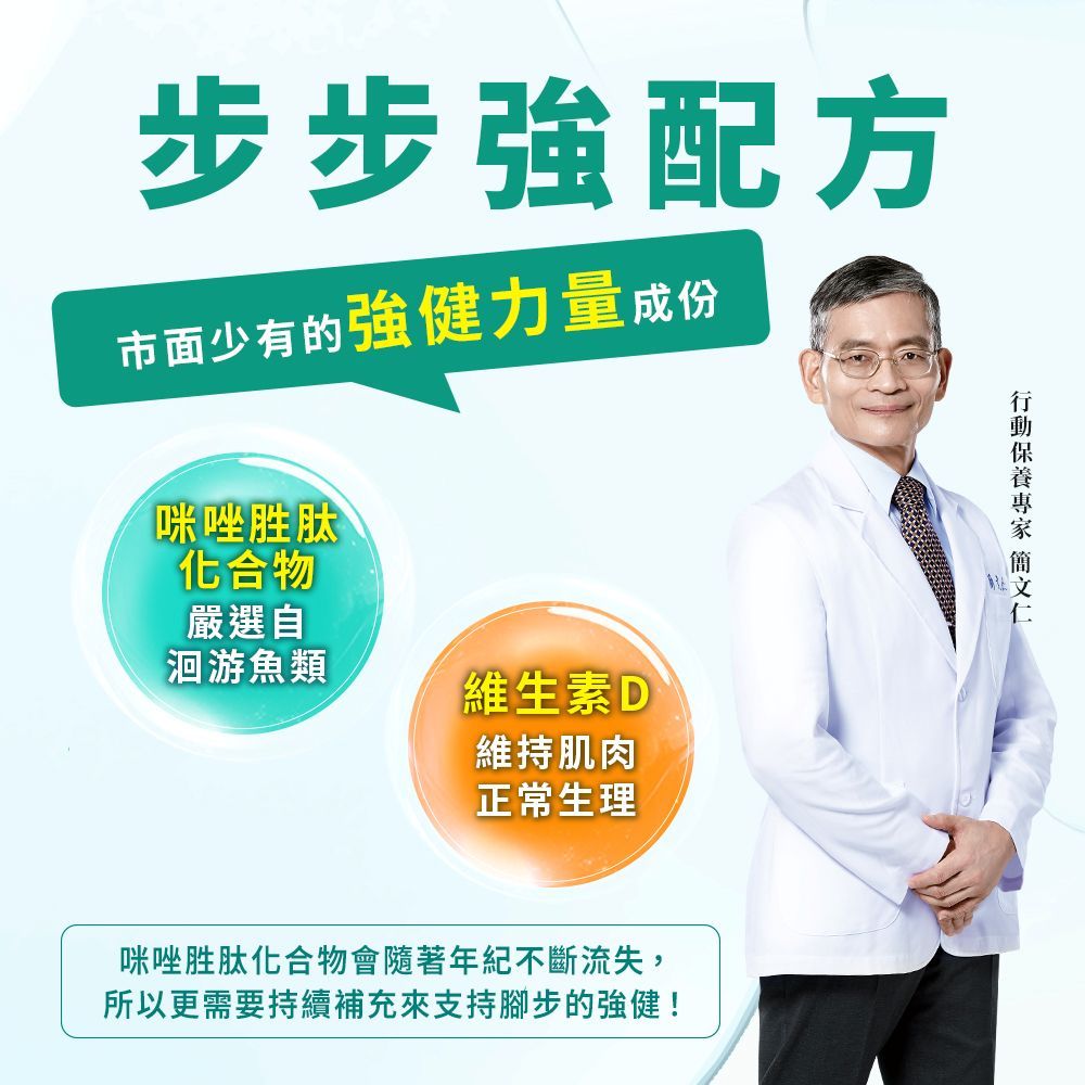 步步配方市面少有的強健力量成份【咪唑胜肽化合物嚴選自洄游魚類維生素D維持肌肉正常生理咪唑胜肽化合物會隨著年紀不斷流失,所以更需要持續補充來支持腳步的強健!