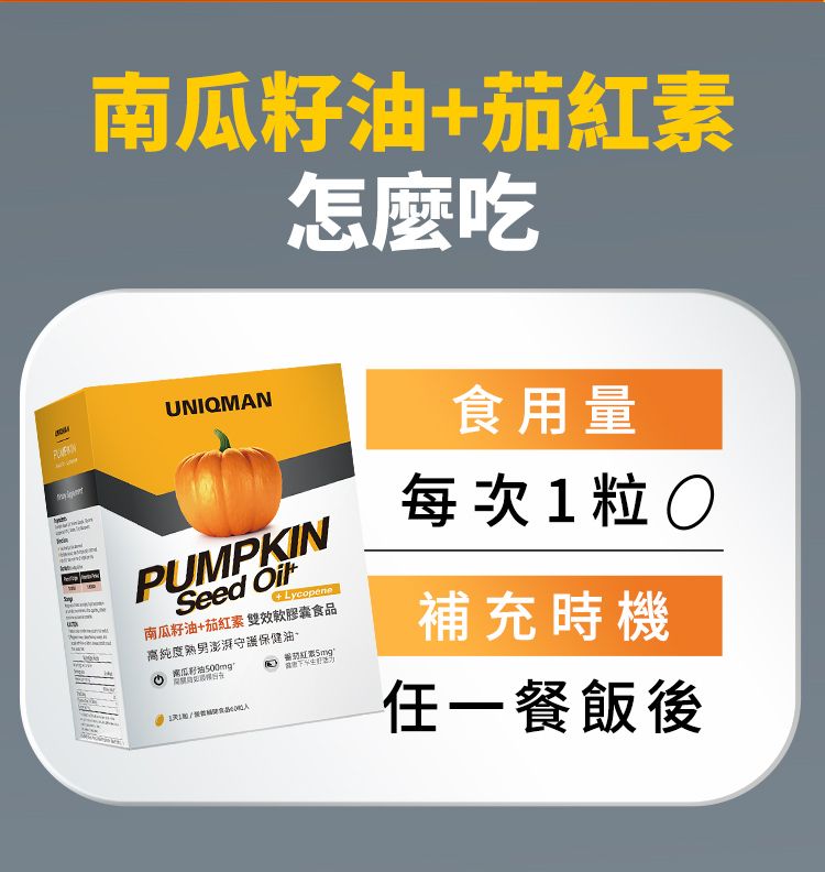 南瓜籽油茄紅素怎麼吃UNIQMAN食用量PUMPKINSeed +Lycopene南瓜籽油+茄紅素 雙效軟膠囊食品高純度熟保健油南瓜籽油500mg每次1粒補充時機任一餐飯後
