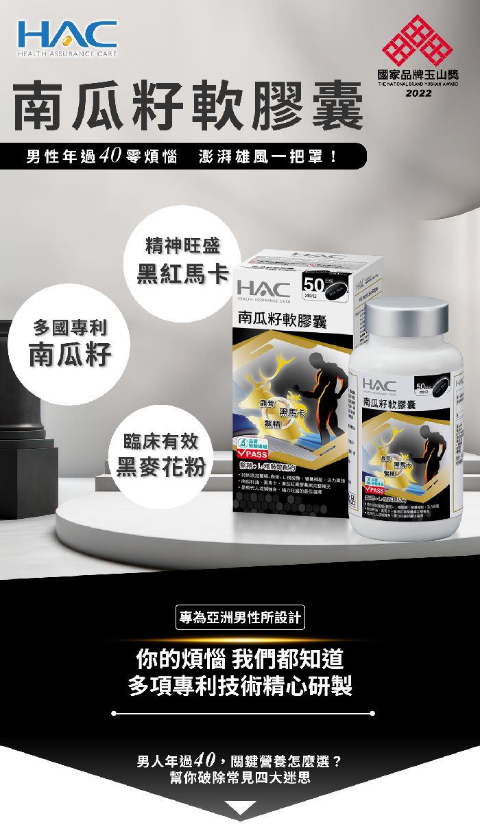 HAC  CARE南瓜籽軟膠囊男性年過40煩惱 澎湃雄風一把罩!國家品牌玉山獎THE NATIONAL DRAND YUSHAN AWARD2022神旺盛黑紅馬多國南瓜籽HAC 50HEALTH ASSURANCE 南瓜籽軟膠囊HAC南瓜籽軟膠囊卡精臨床有效PASS黑麥花粉南瓜籽油黑馬卡VPASS專為亞洲男性所設計你的煩惱 我們都知道多項專利技術精心研製男人年過40,關鍵營養怎麼選?幫你破除常見四大迷思