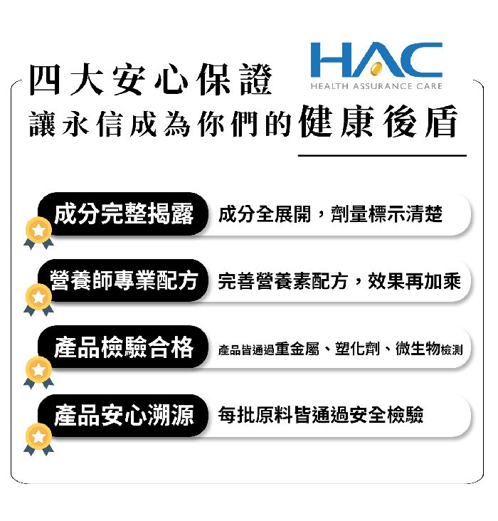 四大安心保證HACHEALTH ASSURANCE CARE讓永信成為你們的健康後盾成分完整揭露成分全展開,劑量標示清楚營養師專業配方 完善營養素配方,效果再加乘產品檢驗合格產品皆通過重金屬、塑化劑、微生物檢測產品安心溯源 每批原料皆通過安全檢驗