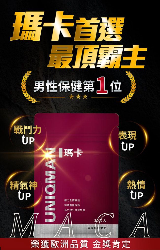 瑪卡首選最頂霸主男性保健戰鬥力精氣神 瑪卡UNIQMAN耐力全面激發持續能拚勁活力提升自信加倍30粒入表現熱情UP營養食品榮獲歐洲品質 金獎肯定