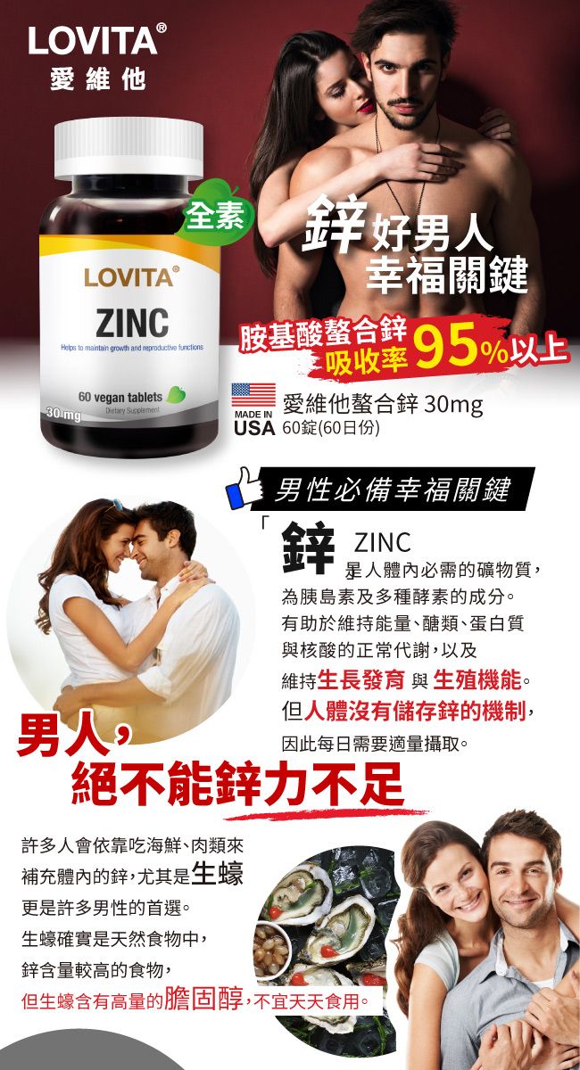 LOVITA Ⓡ愛維他LOVITAⓇZINC全素 to maintain growth and reproductive  30mg60 vegan tablets Supplement男人好男人幸福關鍵胺基酸螯合%以上MADE IN吸收率愛維他螯合鋅 30mgUSA 60錠(60日份)男性必備幸福關鍵鋅ZINC人體內必需的礦物質,為胰島素及多種酵素的成分。有助於維持能量、醣類、蛋白質與核酸的正常代謝,以及維持生長發育 與生殖機能。但人體沒有儲存鋅的機制,因此每日需要適量攝取。絕不能鋅力不足許多人會依靠吃海鮮、肉類來補充體內的鋅,尤其是生蠔更是許多男性的首選。生蠔確實是天然食物中,鋅含量較高的食物,但生蠔含有高量的膽固醇,不宜天天食用。