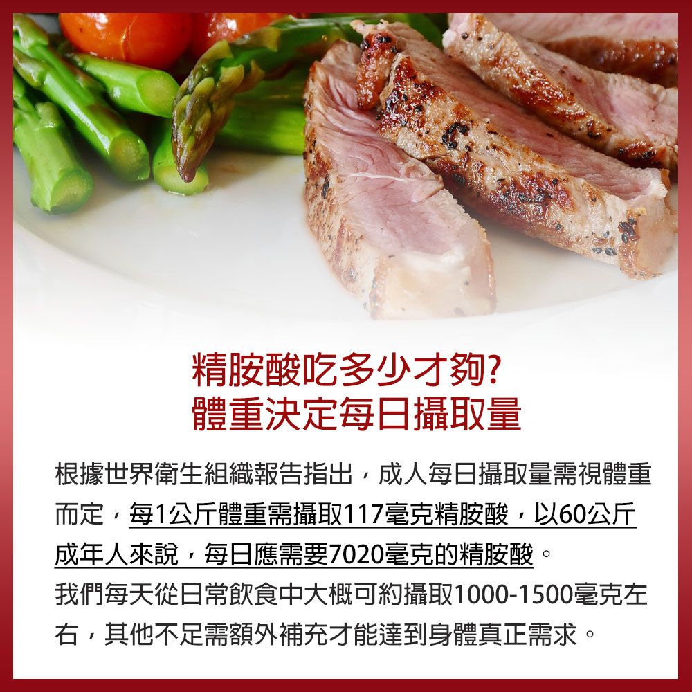 精胺酸吃多少才夠?體重決定每日攝取量根據世界衛生組織報告指出成人每日攝取量需視體重而定,每1公斤體重需攝取117毫克精胺酸,以60公斤成年人來說,每日應需要7020毫克的精胺酸。我們每天從日常飲食中大概可約攝取1000-1500毫克左右,其他不足需額外補充才能達到身體真正需求。